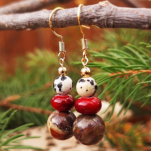 Ceramic & Jasper Earrings, Earthy Boho Earrings, Natural Forest Earrings, Hippie - Picture 3 of 7